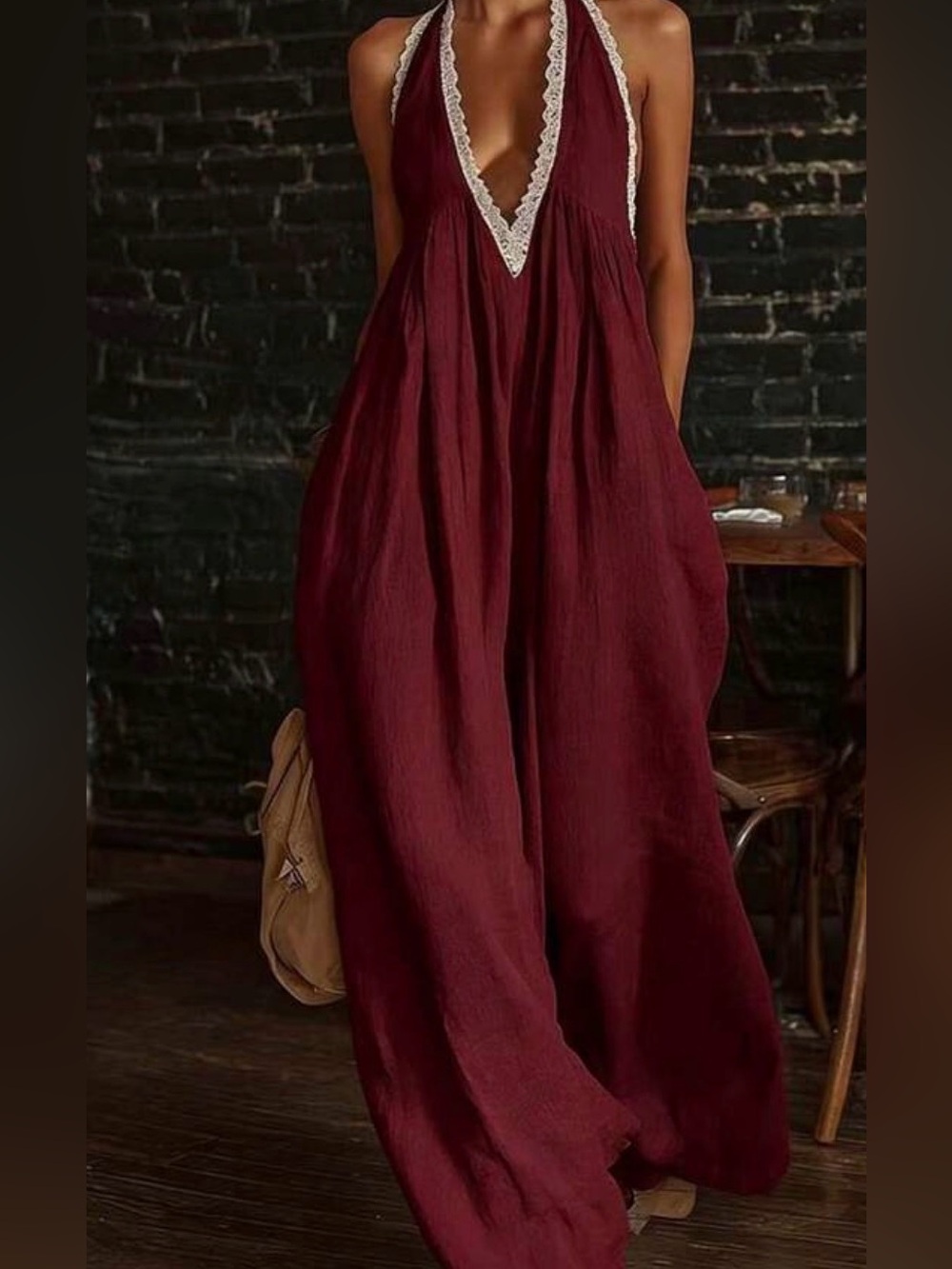 Women’s Burgundy Wide-Leg Jumpsuit with Lace Trim NWOT
